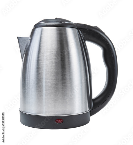 metal electric kettle isolated on white background photo