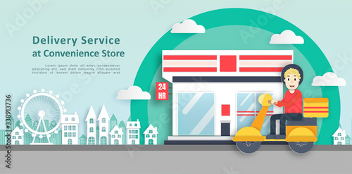 Delivery service at convenience store in paper cut style.  