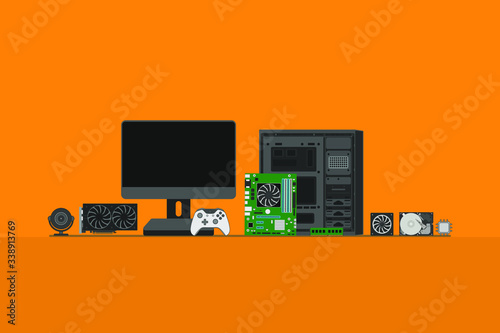 Set of personal computer hardware PC components Gadgets and Devices collection Vector Illustration