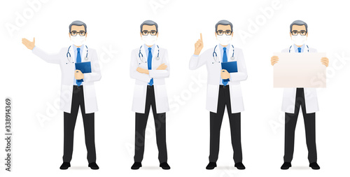 Male doctor set in different poses wearing protective medical mask isolated vector illustartion