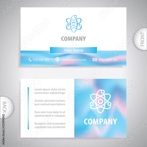 business card - Atom icon of nuclear power, atomic energy, model of atom, scientific research, smallest particle, molecular structure. Quantum physic concept.
