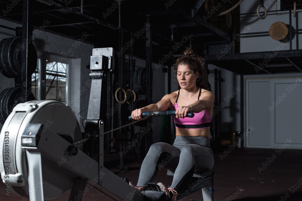 Young strong fit sweaty powerful attractive muscular woman with big ...