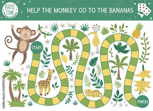 Tropical adventure board game for children with cute animals, plants, birds. Educational exotic boardgame. Help the monkey go to the bananas. Summer game for kids.