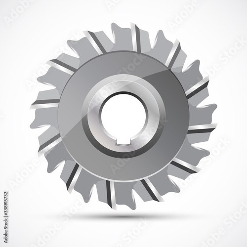 The classic milling cutter. Metal circular saw blade. Realistic buzz saw isolated on white background. Vector illustration