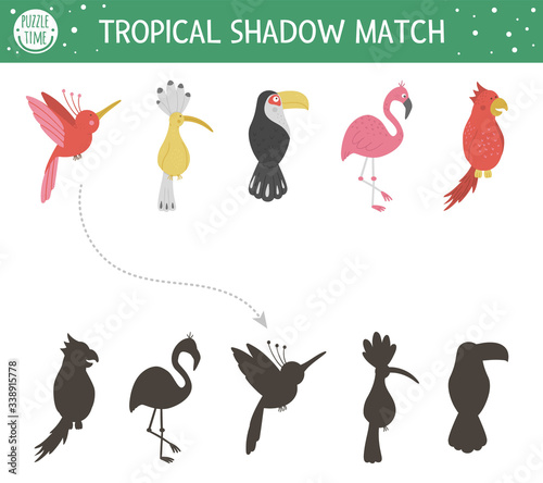 Tropical shadow matching activity for children. Preschool jungle puzzle. Cute exotic educational riddle. Find the correct bird silhouette printable worksheet. Simple summer game for kids.