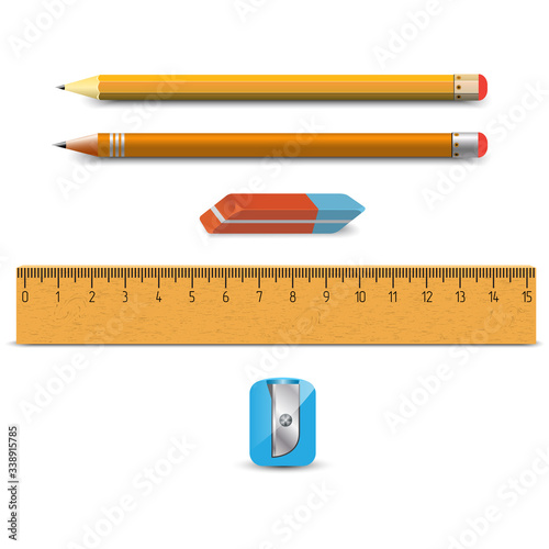 Wooden ruler and school equipment. Eraser, pencils, pencil sharpener. Vector illustration