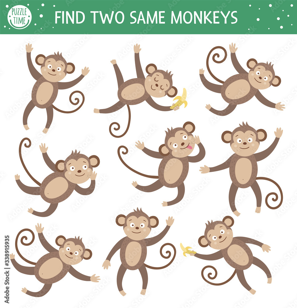 Find two same monkeys. Tropical matching activity for preschool children with cute animals. Funny jungle puzzle for kids. Logical quiz worksheet. Simple summer game for kids. Find two same monkeys. Tropical matching activity for preschool children with cute animals. Funny jungle puzzle for kids. Logical quiz worksheet. Simple summer game for kids.