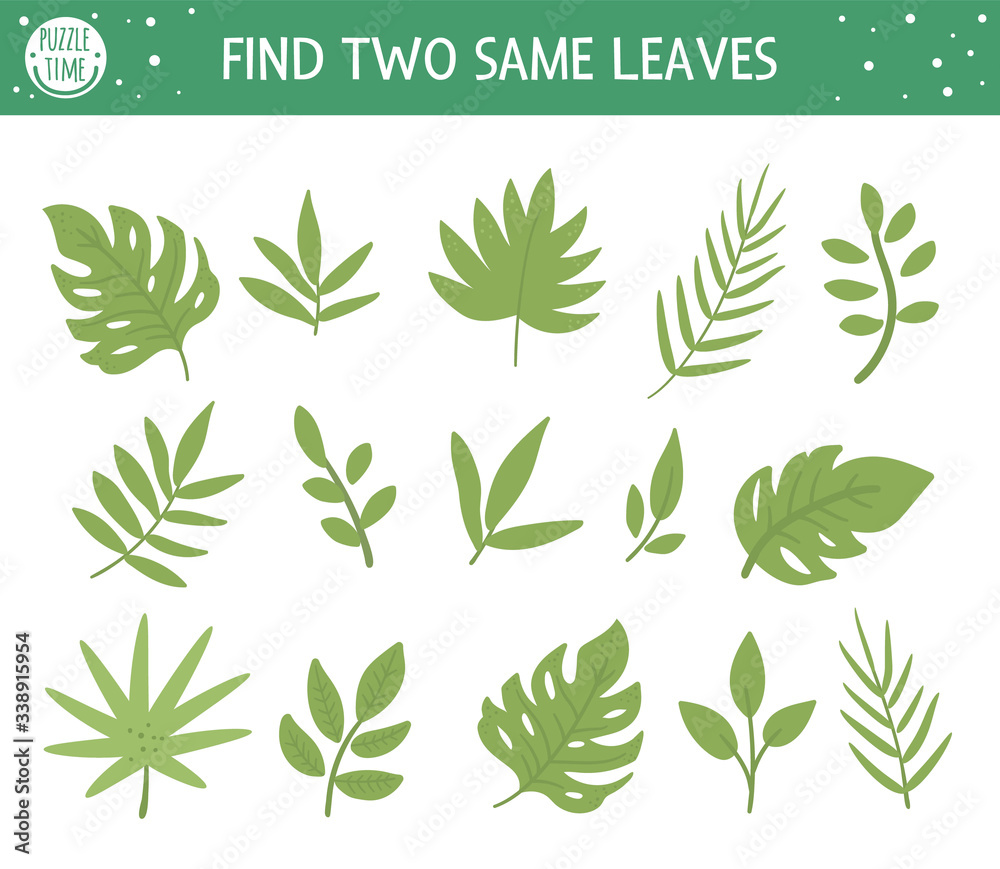 Find two same leaves. Tropical matching activity for preschool children with cute tropic plants. Funny jungle puzzle for kids. Logical quiz worksheet. Simple summer game for kids.