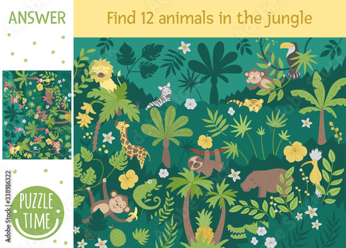Tropical searching game for children with cute funny characters. Find hidden animals and birds in the jungle. Simple summer game..