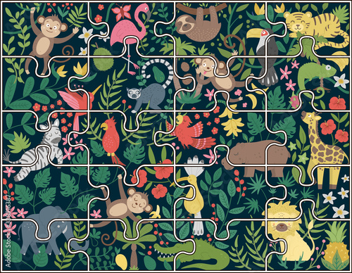 Vector background with cute exotic animals, leaves, flowers, fruits with puzzle pieces texture. Funny tropical scene with birds and plants