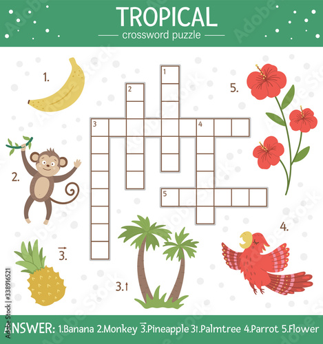 Vector summer crossword puzzle for kids. Quiz with tropical elements for children. Educational jungle activity with cute funny characters.