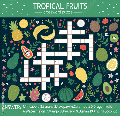 Vector summer crossword puzzle for kids. Quiz with tropical fruits for children. Educational jungle activity with cute food elements.