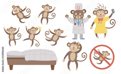 Vector set with cute five little monkeys, mommy, doctor, bed isolated on white background. Funny nursery rhyme and song illustration. Bright flat picture for children. Jungle summer clip art.