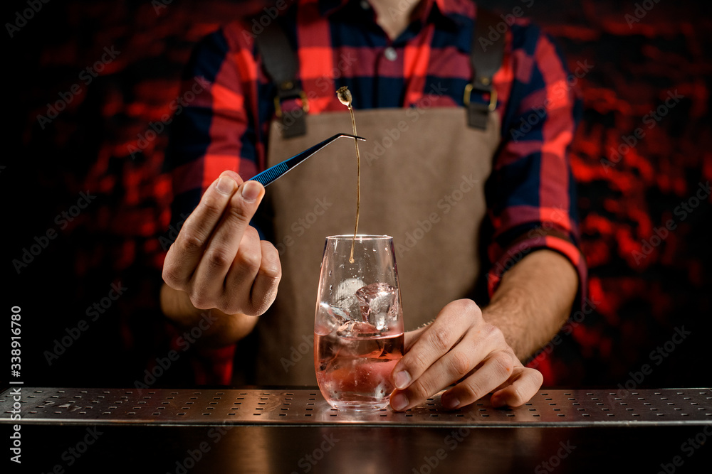 male bartender decorates by plant glass with cold alcoholic cocktails