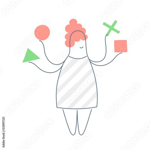 Multitasking woman. Holding different shapes in hands. Multi-tool,  multi-purpose businesswoman with a large number of hands. Flat line light vector illustration on white.