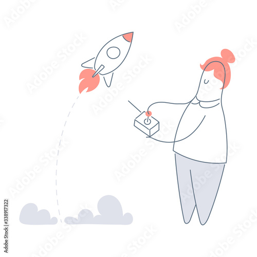Startup launch, remote rocket launch with radio control. Cute cartoon man  with controller and space ship take-off. Flat line vector illustration on white.