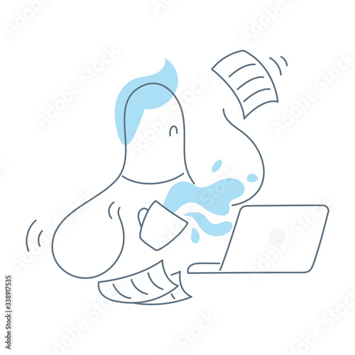 Oops, 404 page, crash, problem, disappointed sloppy businessman concept. The guy spilled a cup of coffee on his computer and clothes. Flat thin line vector illustration on white.