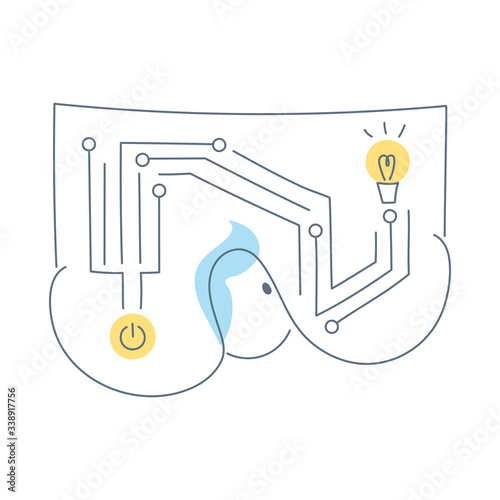 Electric with electrical circuit board, electronic device drawing. Hardware development, electrician, engineer, microelectronics icon concept. Flat line vector illustration on white.