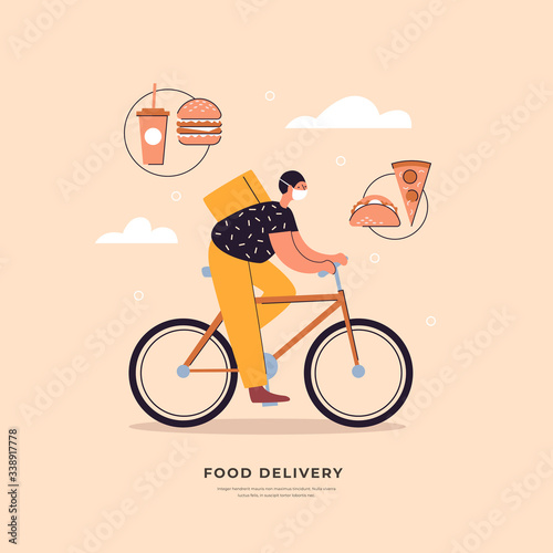 Fast products delivered through online-store to your home with isolation and quarantine. Man on bicycle in medical mask is carrying fast food. Online store and home delivery during the epidemic.