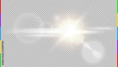 Abstract front sun lens flare translucent special light effect design. Vector blur in motion glow glare. Isolated transparent background. Decor element. Horizontal star burst rays and spotlight