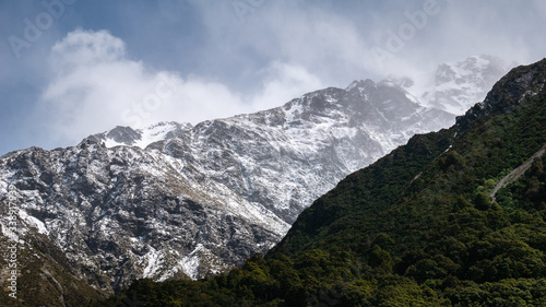 Detail on snowstorm happening on alpine peak. Shot at Aoraki / Mt Cook National Park, New Zealand