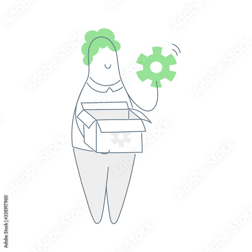 Man with cogwheel from the box. Ready solution, driver, spare parts, out of the box feature. Product that works immediately after or even without any special installation. Flat line clean vector icon.