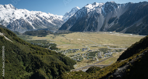 View on Aoraki Mt Cook village surrounded  by mountains  shot at Aoraki   Mt Cook National Park  New Zealand