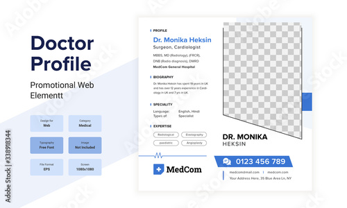 Medical  Doctor profile with Service Details. Doctor Profile web post design layout. Social media post design.