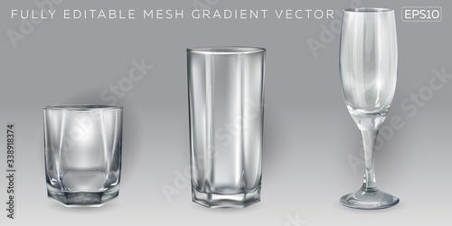 Three empty glasses for different bar drinks.
