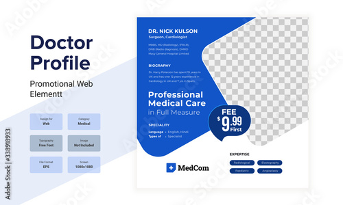 Medical Services Social Media Post design layout. Doctor profile web element design. Medical Doctor profile design for web post. 