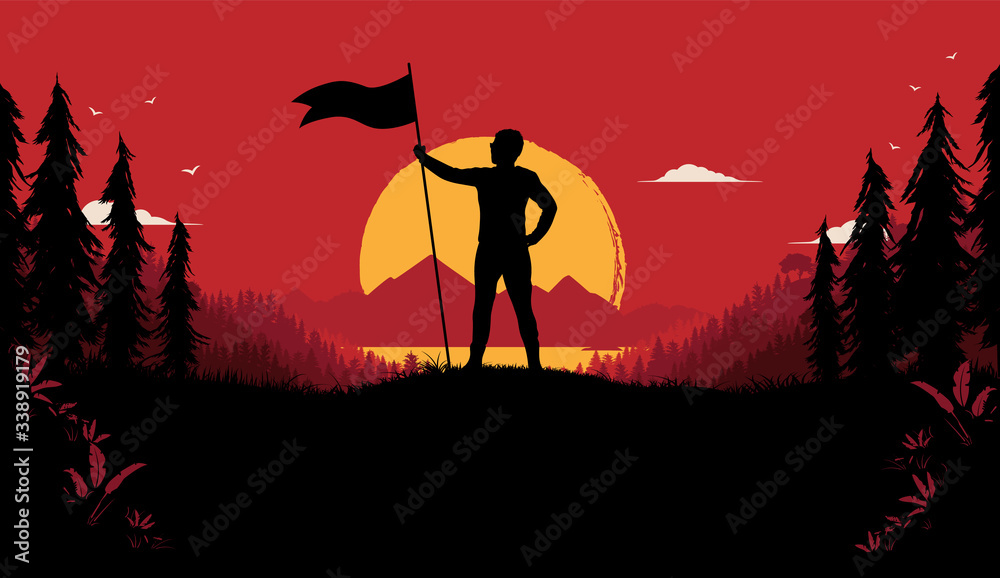 Αυτοκόλλητο Freedom revolution - Proud man on hilltop holding a flag with nature, sunset and red sky in background
