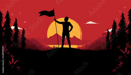 Freedom revolution - Proud man on hilltop holding a flag with nature, sunset and red sky in background. Winner, success and power concept. Vector illustration. photo