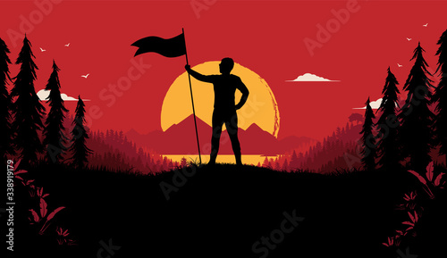 Freedom revolution - Proud man on hilltop holding a flag with nature, sunset and red sky in background. Winner, success and power concept. Vector illustration.