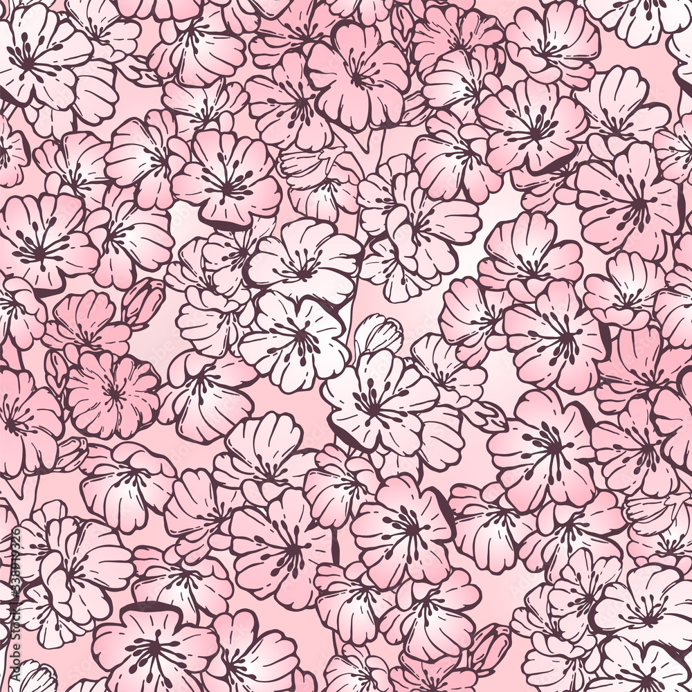 Hand drawn seamless pattern vector of spring sakura, flowers, blooming tree branches, floral elements. Ink doodle sketch illustration for design cards, invitations, wallpaper, wrapping paper, fabric Hand drawn seamless pattern vector of spring sakura, flowers, blooming tree branches, floral elements. Ink doodle sketch illustration for design cards, invitations, wallpaper, wrapping paper, fabric