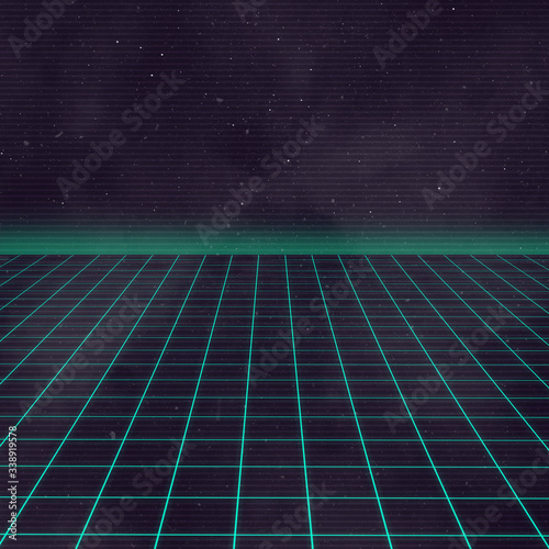 80s style sci-fi, green, futuristic illustration or poster template. Synthwave background.