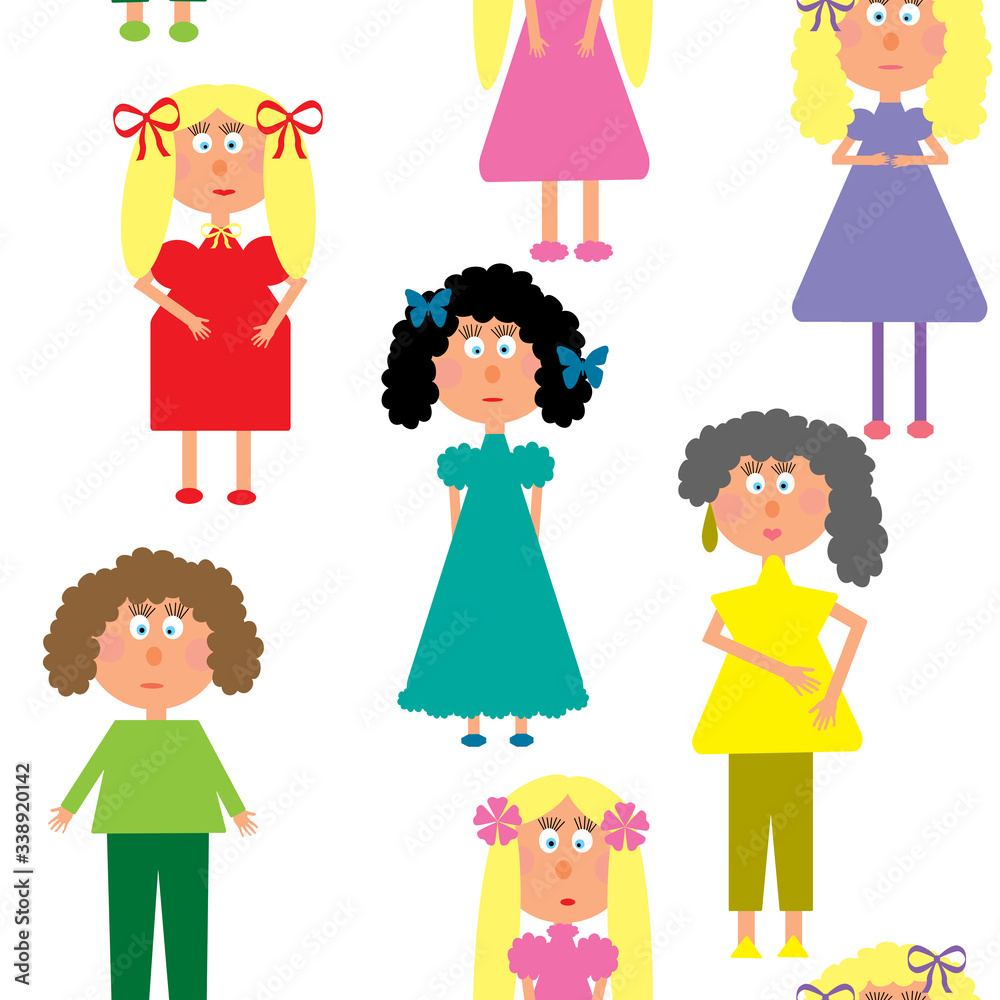 Fashion people, girls dolls, children seamless pattern, wallpaper, background Fashion people, girls dolls, children seamless pattern, wallpaper, background