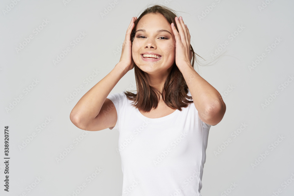 Nice girl lifestyle smile emotions studio gray background Nice girl lifestyle smile emotions studio gray background