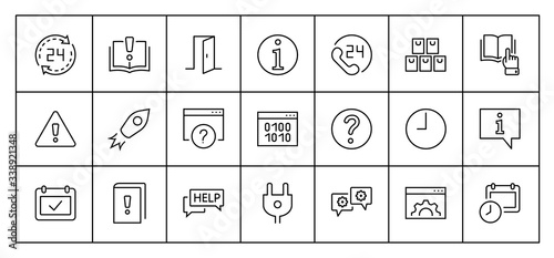 Set of Help And Support Vector Line Icons. Contains such Icons as Handbook, Book, Online Help, Tech Support and more. Editable Stroke. 32x32 Pixels