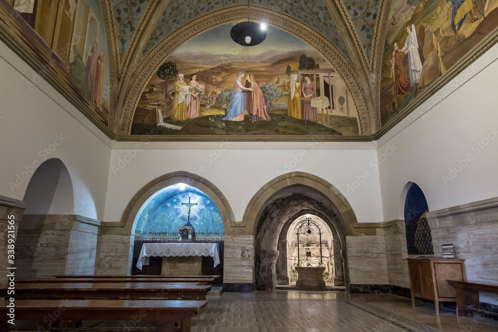 Ein Karem, Jerusalem, Israel, January 29, 2020: Fresco depicting the meeting of Mary with Elizabeth at the Sanctuary of the Visitation in En Kerem