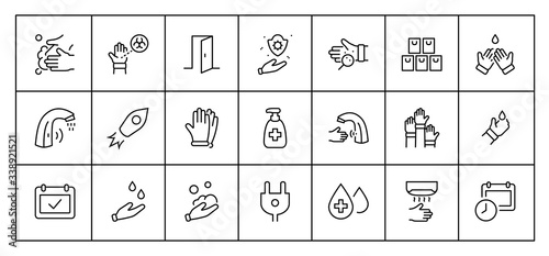 Set of Washing Hands Vector Line Icons. Contains such Icons as Coronavirus, Contactless Water Tap, Antiseptic, Washing Instruction, Hand Dryer, Soap and more. Editable Stroke. 32x32 Pixels.