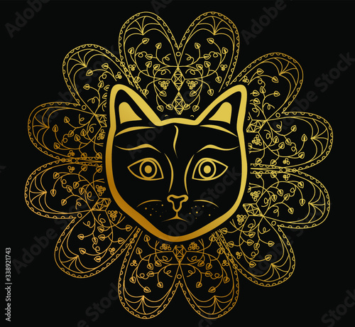 Illustration - mandala with beautiful cat on the theme of yoga.