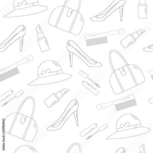 A pattern of stylish women's accessories and hearts on a light background.