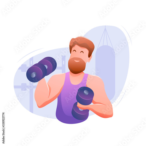 Sports banner flat design isolated. Young muscular sportsman with dumbbells in gym. Performing a bench press by an athlete in training. Modern vector illustration.