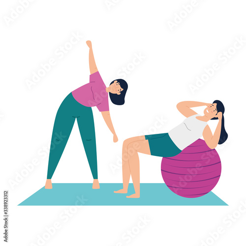 women practicing yoga and stretching vector illustration design