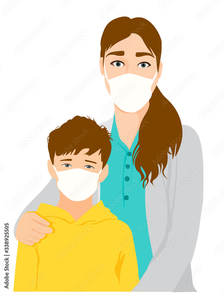 Mother and son in protective medical masks, worried scared parent with child flat digital illustration