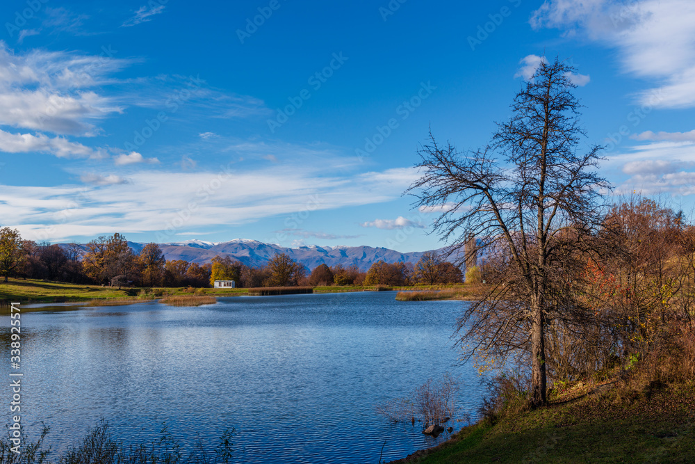 Fototapeta premium Beautiful landscape with Tsover lake and arrounded mountains and trees, Armenia