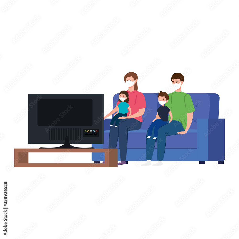 campaign stay at home with family using face mask watching tv vector illustration design