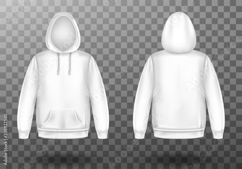 Hoody, white sweatshirt mock up front and back view set. Isolated hoodie with long sleeves, kangaroo muff pocket and drawstrings. Sport, casual or urban clothing fashion, Realistic 3d vector mockup