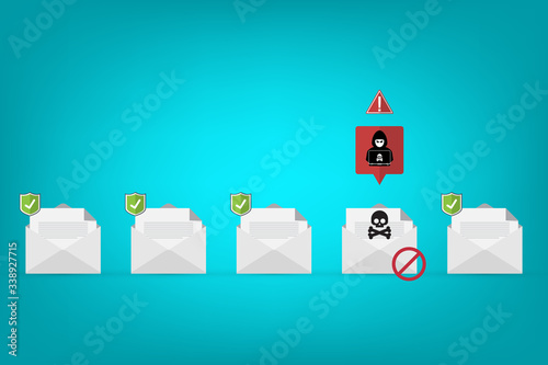 Email / envelope with black document and skull icon. Virus, malware, email fraud, e-mail spam, phishing scam, hacker attack concept. Vector illustration	