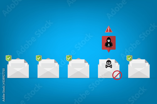 Email / envelope with black document and skull icon. Virus, malware, email fraud, e-mail spam, phishing scam, hacker attack concept. Vector illustration	